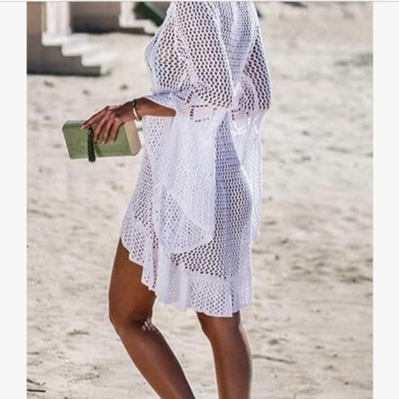 Womens Hi Lo Hollow Cut Crochet Coverup in White OS - Picture 4 of 5